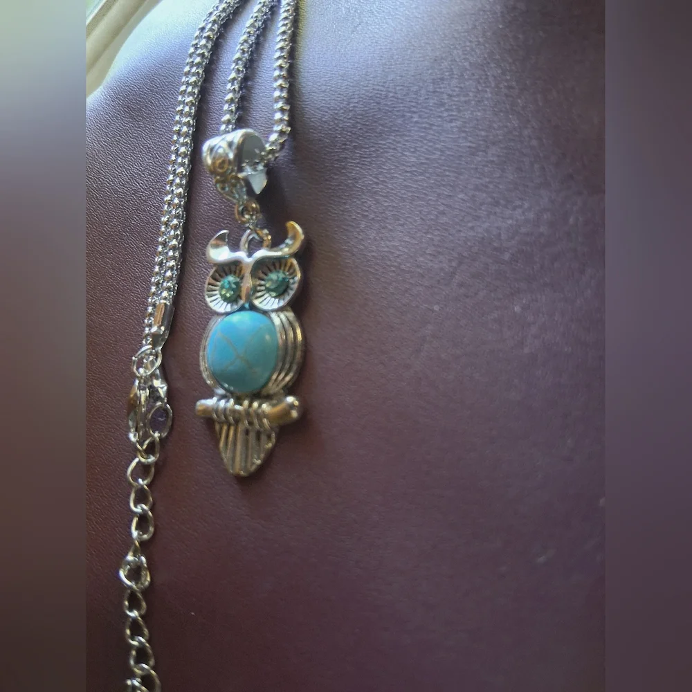 Silver Owl Pendant Necklace with Turquoise Accent - Picture 4 of 7